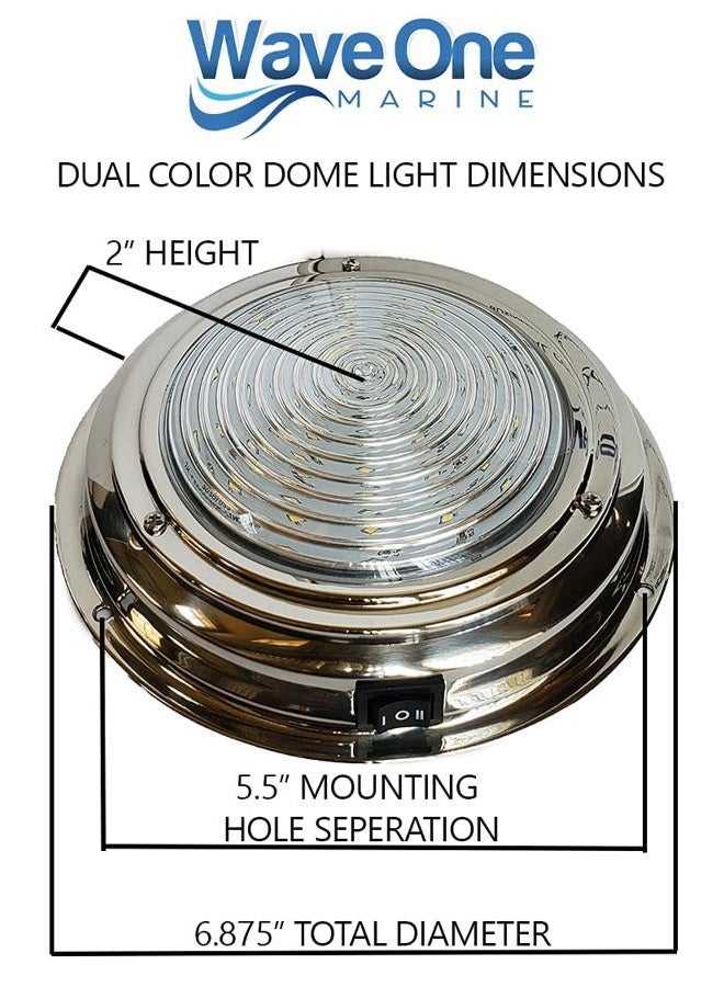 Wave One Marine Dual Color 7" LED Boat Dome Light 12V RV | Stainless Housing | Toggle Switch (White | Night Red) - Image 4
