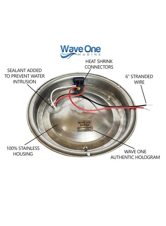 Wave One Marine Dual Color 7" LED Boat Dome Light 12V RV | Stainless Housing | Toggle Switch (White | Night Red) - Image 3