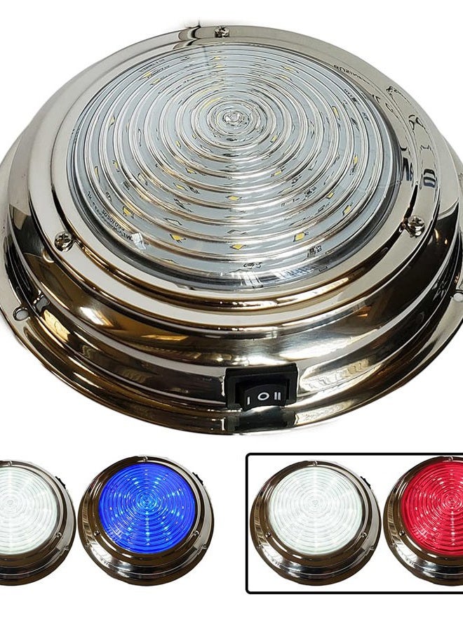 Wave One Marine Dual Color 7" LED Boat Dome Light 12V RV | Stainless Housing | Toggle Switch (White | Night Red) - Image 1