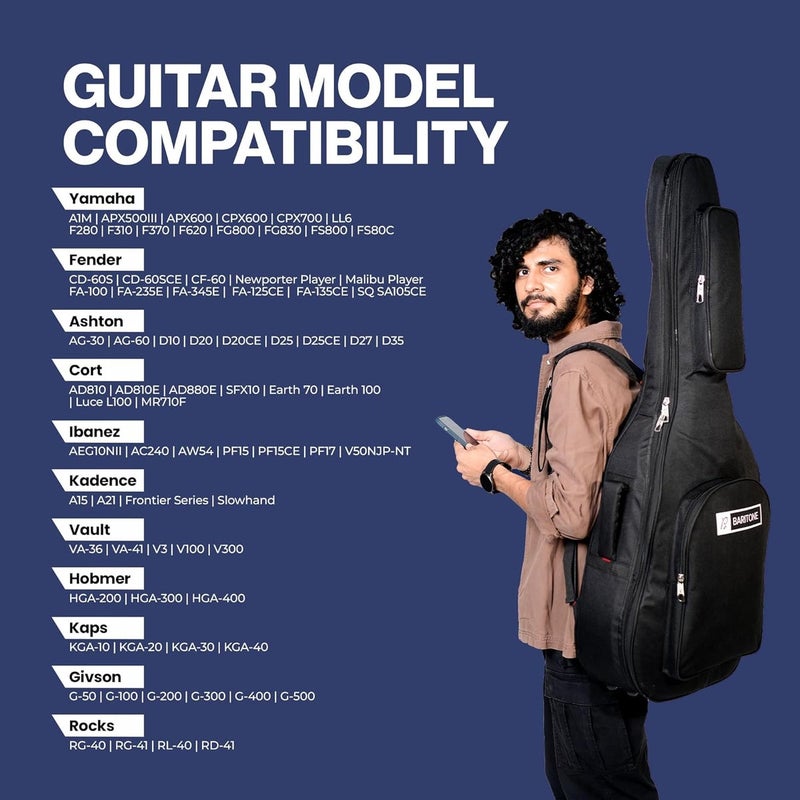 Baritone Premium Polyester Soft & Heavy Padded Acoustic Guitar Case - Black, 42 Inch - Image 5
