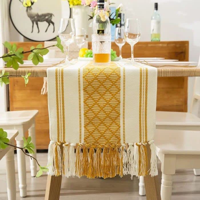POSHREYA Cotton Table Runner for 4 6 Seater Dining Table|Centre Table|Living Room|Table Decor|Eating Area|(14*72 INCHES)|Yellow White|TRPS 010 - Image 4