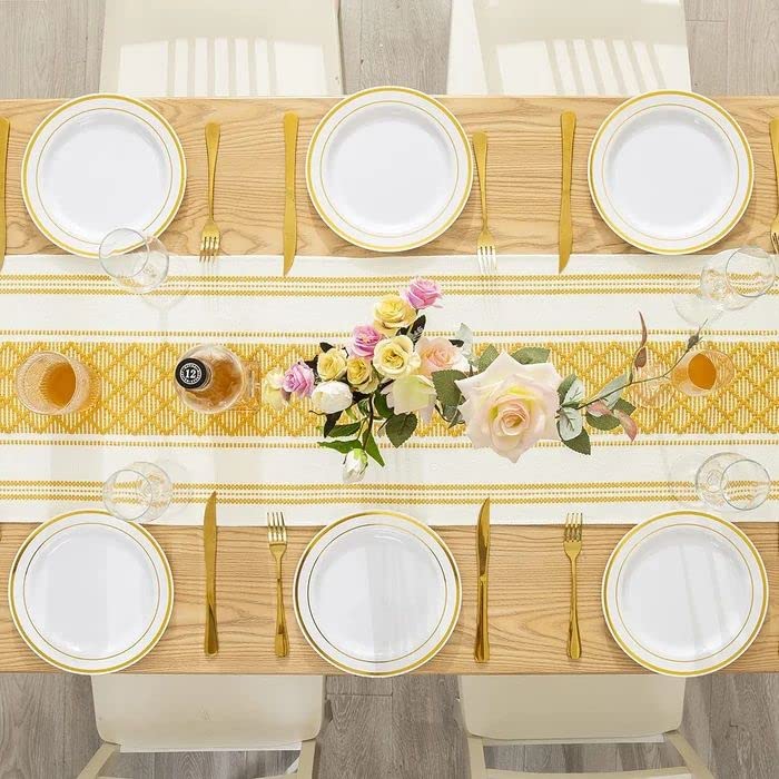 POSHREYA Cotton Table Runner for 4 6 Seater Dining Table|Centre Table|Living Room|Table Decor|Eating Area|(14*72 INCHES)|Yellow White|TRPS 010 - Image 3