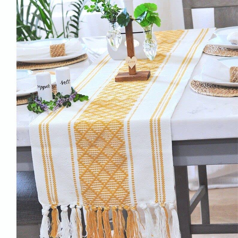 POSHREYA Cotton Table Runner for 4 6 Seater Dining Table|Centre Table|Living Room|Table Decor|Eating Area|(14*72 INCHES)|Yellow White|TRPS 010 - Image 2
