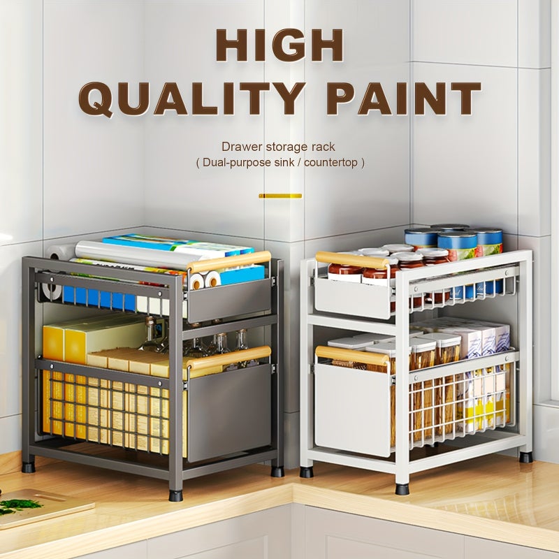 1pc, 1/2 Tier, Pull-Out Storage Shelf, Kitchen Cabinet Slide-Out Basket, Multifunctional Wooden Handle Storage Shelf, Spice Organizer, Snack Holder, Storage Boxes for Kitchen And Bathroom Supplies, Storage Additions - Image 2