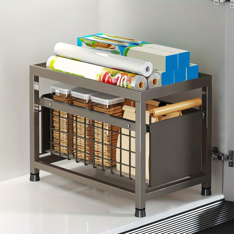 1pc, 1/2 Tier, Pull-Out Storage Shelf, Kitchen Cabinet Slide-Out Basket, Multifunctional Wooden Handle Storage Shelf, Spice Organizer, Snack Holder, Storage Boxes for Kitchen And Bathroom Supplies, Storage Additions - Image 4
