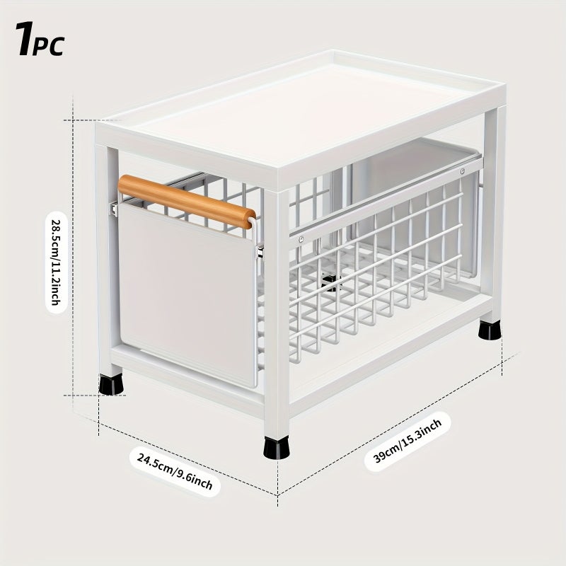1pc, 1/2 Tier, Pull-Out Storage Shelf, Kitchen Cabinet Slide-Out Basket, Multifunctional Wooden Handle Storage Shelf, Spice Organizer, Snack Holder, Storage Boxes for Kitchen And Bathroom Supplies, Storage Additions - Image 1