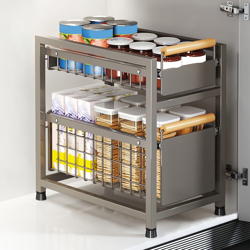 1pc, 1/2 Tier, Pull-Out Storage Shelf, Kitchen Cabinet Slide-Out Basket, Multifunctional Wooden Handle Storage Shelf, Spice Organizer, Snack Holder, Storage Boxes for Kitchen And Bathroom Supplies, Storage Additions - Image 5