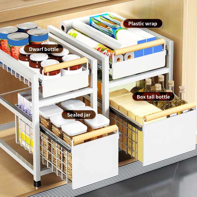 1pc, 1/2 Tier, Pull-Out Storage Shelf, Kitchen Cabinet Slide-Out Basket, Multifunctional Wooden Handle Storage Shelf, Spice Organizer, Snack Holder, Storage Boxes for Kitchen And Bathroom Supplies, Storage Additions - Image 3