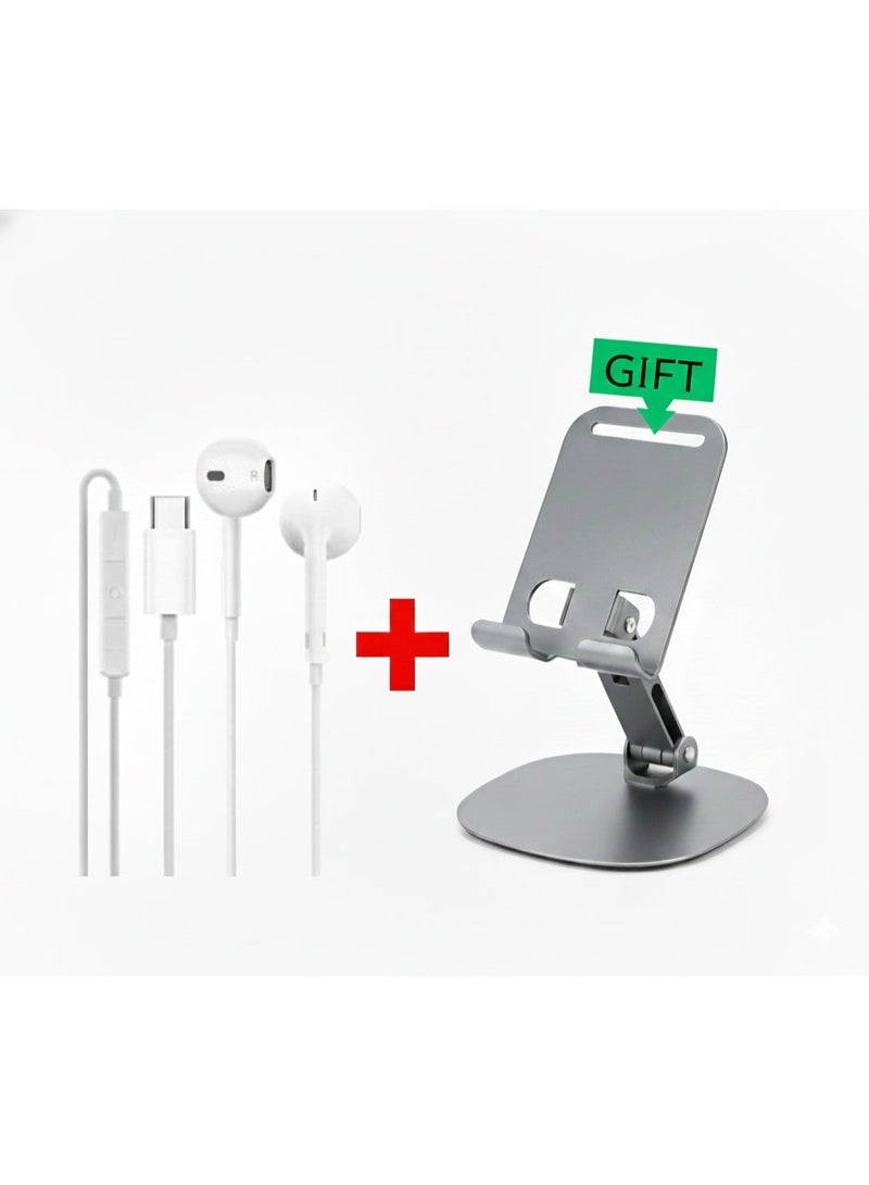 Type-C Wired Earphones Compatible with iPhone 15 / Samsung S23 / Android / iPad Pro & Most USB-C Devices + 360° Rotating Metal Phone & Tablet Holder - Image 1