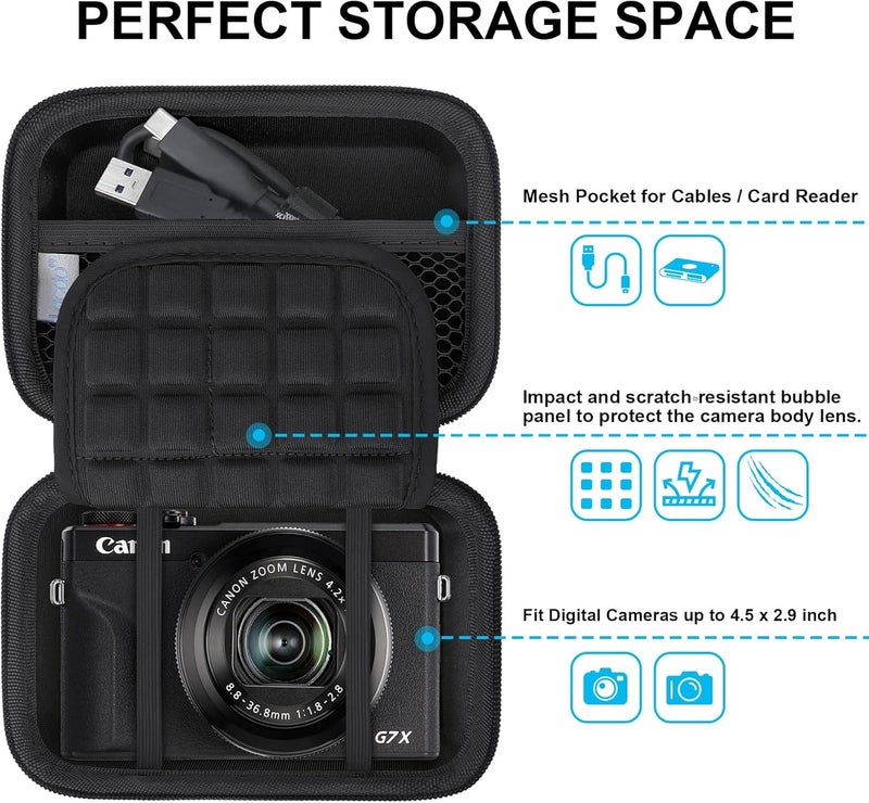 Lacdo Camera Carrying Case for Canon PowerShot G7 X Mark II / G7X Mark III Digital 4K Vlogging Camera, Point and Shoot Video Camera Trave Bag, Mesh Bag Fits Batteries, USB Cable, SD Card, Black+Black - Image 2