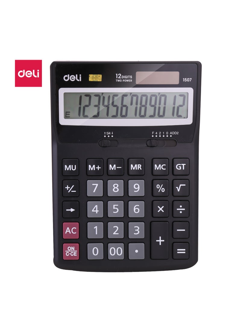 Deli Deli 12-Digit Calculator - Dual Power, Plastic, Black, 3 Years Warranty, E1507  - Image 1