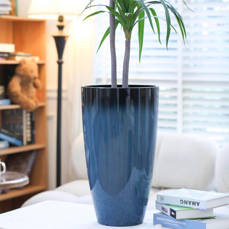 SE SUN-E Plant Pots Large Plastic Planters 2Pack Glossy Blue Outdoor Tall Planter Plant Containers for Garden,Patio,Porch,Front Door,Backyard,Corner Decor Planters For Plants With Drainage Hole & Insert Shelf - Image 5