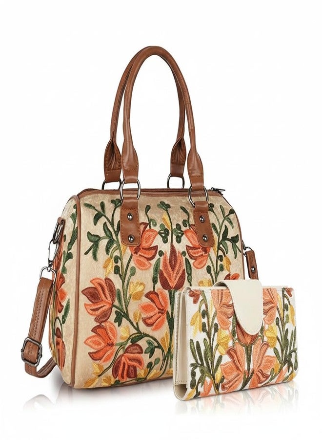 EVEDA Ladies Floral Embroidered Handbag Set, Canvas Satchel with Brown Leather Trim, Coral and Yellow Flowers, Matching Wallet (Tan)