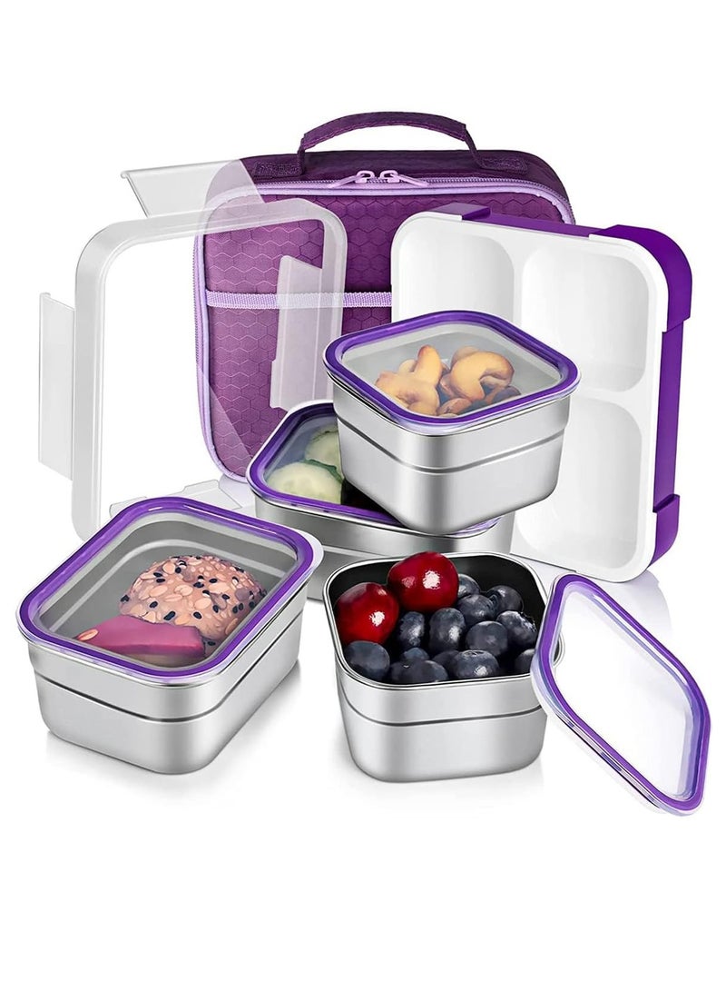 Kids School Stainless Steel Lunch Box Insulated Bento Lunch Box with Storage Bag 4 Compartments Divided Lunch Container with Lid  (Purple 1060ML) - Image 1