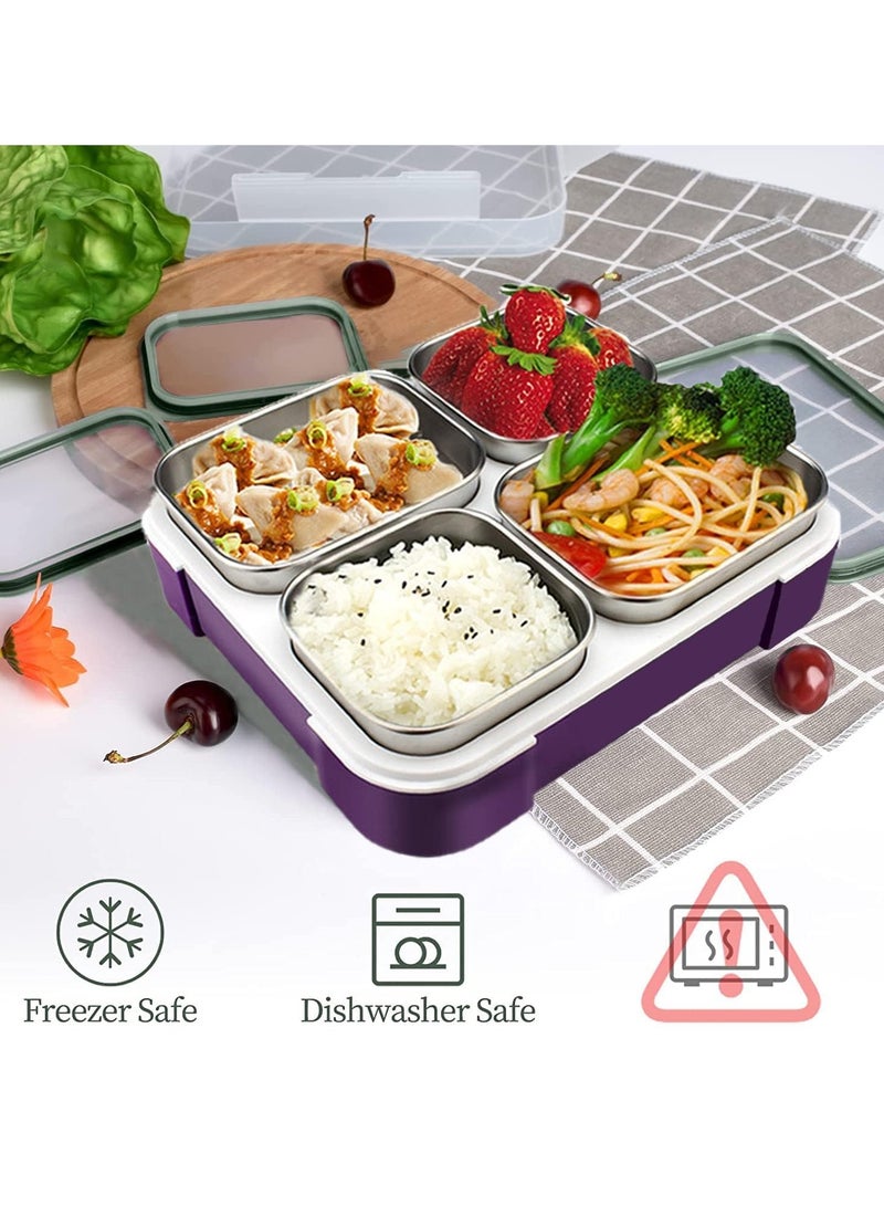 Kids School Stainless Steel Lunch Box Insulated Bento Lunch Box with Storage Bag 4 Compartments Divided Lunch Container with Lid  (Purple 1060ML) - Image 4