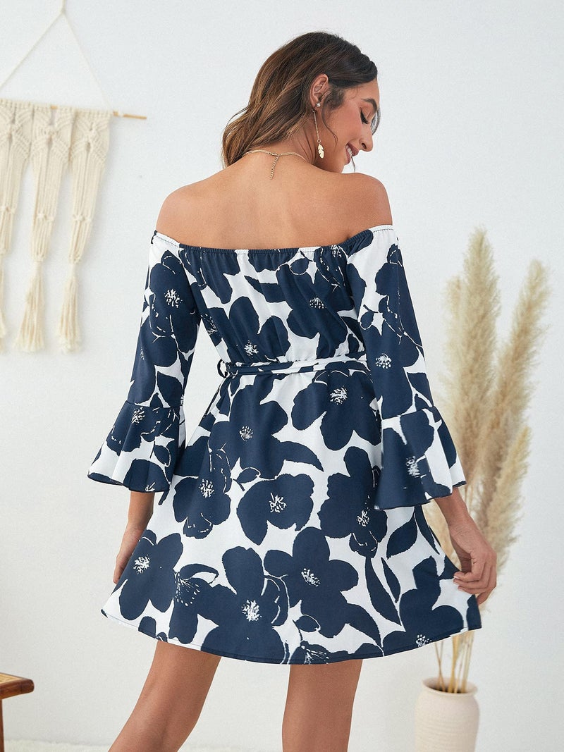 JECEIKA Womens Off Shoulder Dress Ruffle Floral Spring/Summer Wedding Guest Dresses 2025 Casual Tied Graduation Dress, Blue, Medium - Image 2