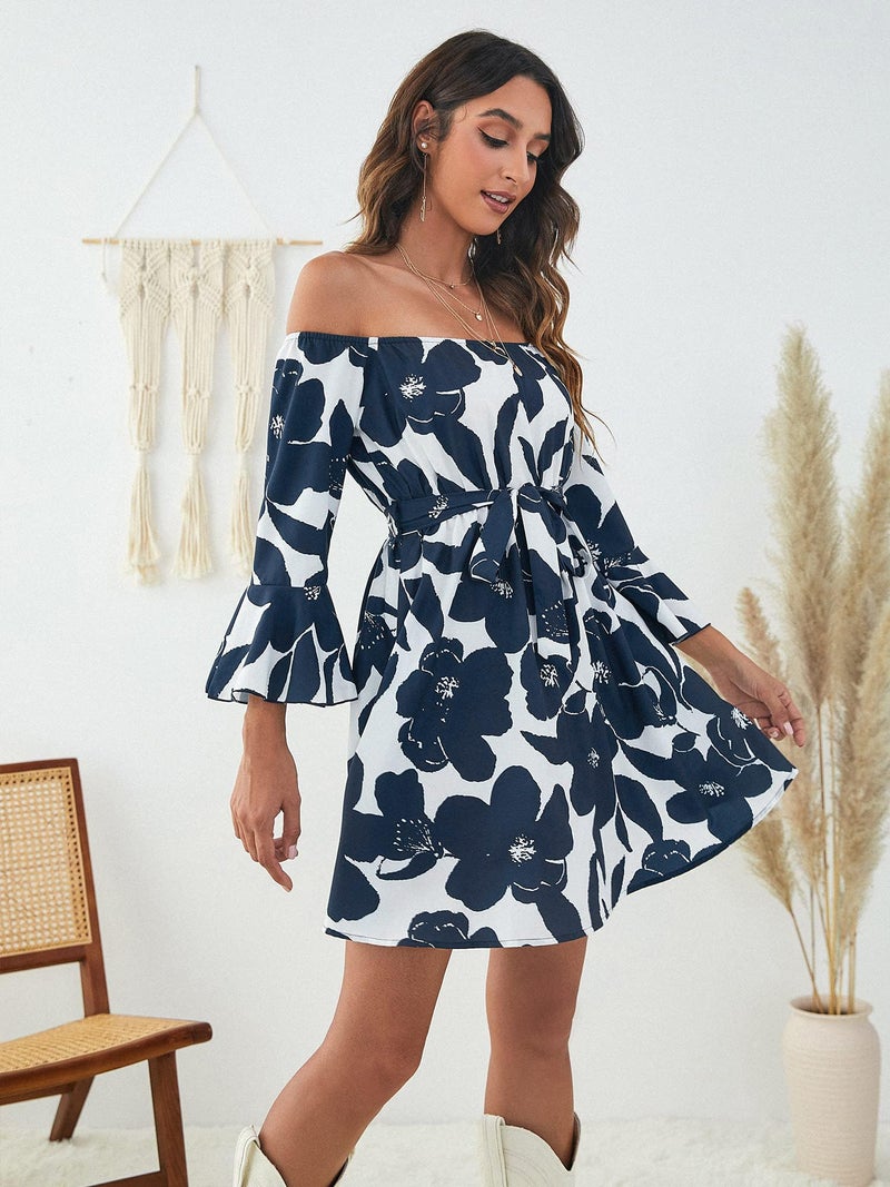 JECEIKA Womens Off Shoulder Dress Ruffle Floral Spring/Summer Wedding Guest Dresses 2025 Casual Tied Graduation Dress, Blue, Medium - Image 4