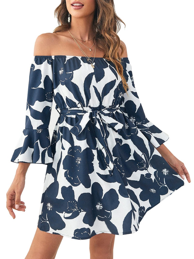 JECEIKA Womens Off Shoulder Dress Ruffle Floral Spring/Summer Wedding Guest Dresses 2025 Casual Tied Graduation Dress, Blue, Medium - Image 1