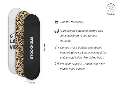 TwoDays Stockholm Style Skateboard Wall Decor Modern Wall Mount Art Set for Mens Apartment Dorm Cool Cheetah Print Skate Deck Trendy Skater Room Design Set of 3 - Image 3