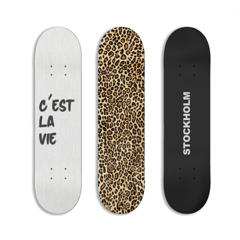 TwoDays Stockholm Style Skateboard Wall Decor Modern Wall Mount Art Set for Mens Apartment Dorm Cool Cheetah Print Skate Deck Trendy Skater Room Design Set of 3 - Image 2