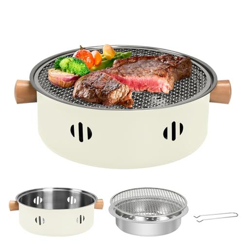 BSDLZCH Portable Charcoal Barbecue Grill 1pc Mini BBQ Grill Multifunctional Charcoal Grill Round Tabletop Charcoal Grill for Outdoor Cooking Home Party Picnic Camping Beige - Image 1