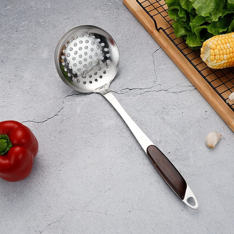 Primetan 1 Pcs Skimmer Slotted Spoon Stainless Steel with Long Handle Colander for Kitchen Dining Hot Pot Frying Strainer Ergonomic Design Thickened Heavy Duty 1 Pcs Wood Pattern Skimmer J - Image 1