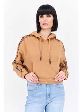 Women Hood with Drawstring Long Sleeve Animal Print Sweatshirts, Camel Brown