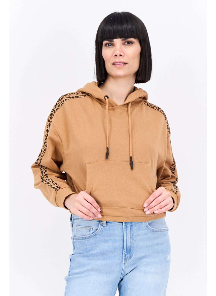 BRAVE SOUL - Women Hood with Drawstring Long Sleeve Animal Print Sweatshirts, Camel Brown - Image 1