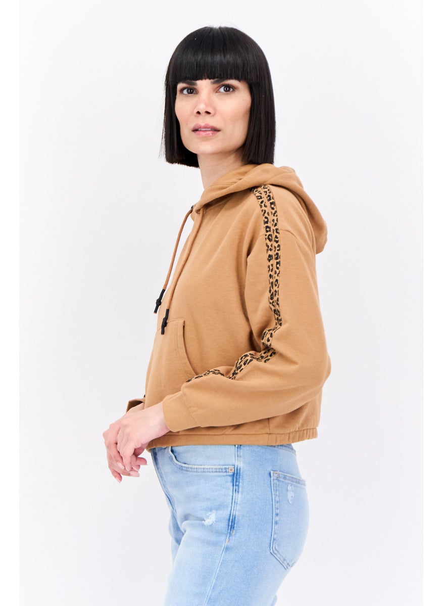 BRAVE SOUL - Women Hood with Drawstring Long Sleeve Animal Print Sweatshirts, Camel Brown - Image 1