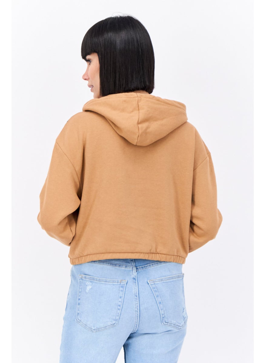 BRAVE SOUL - Women Hood with Drawstring Long Sleeve Animal Print Sweatshirts, Camel Brown - Image 1