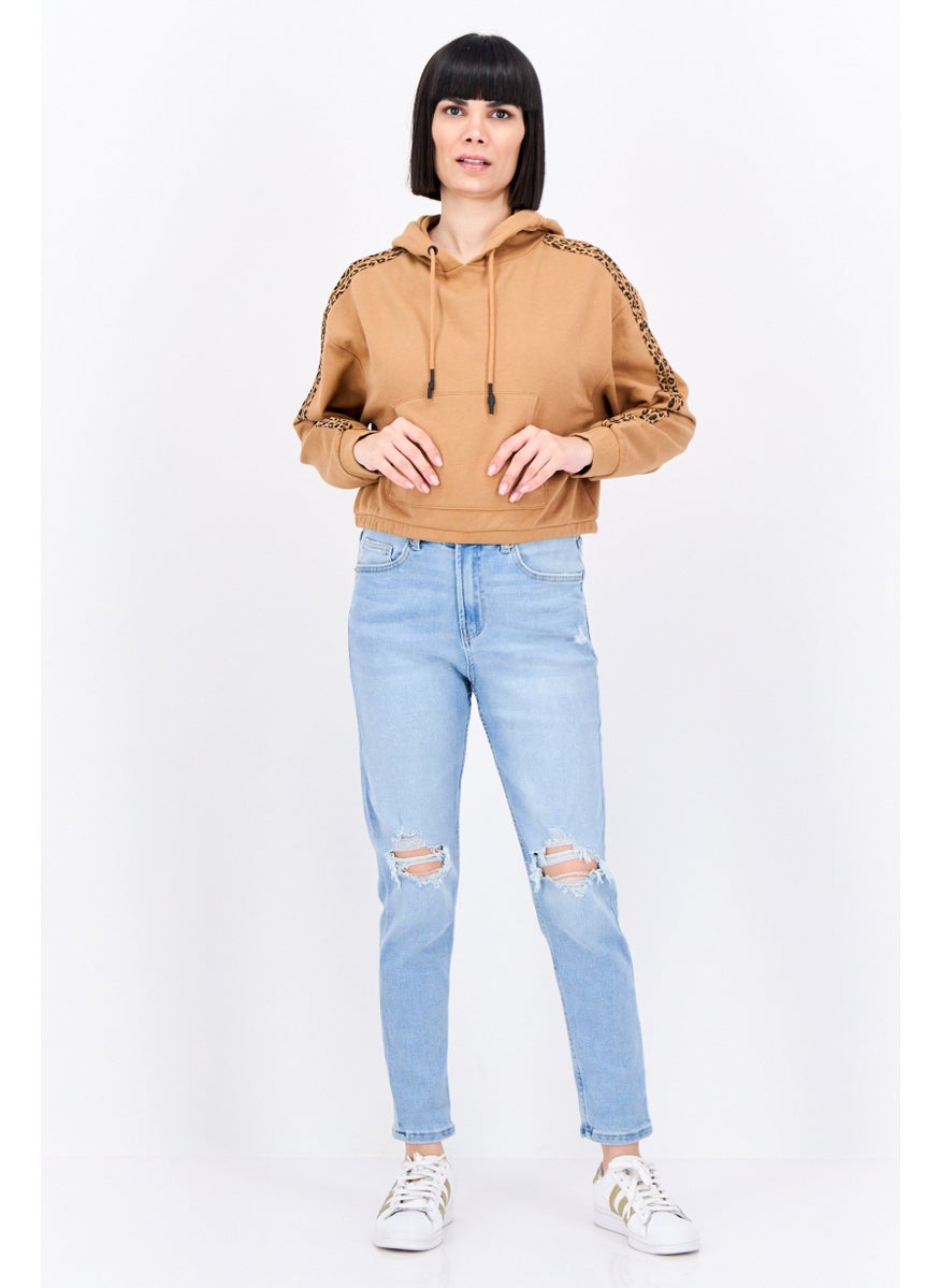 BRAVE SOUL - Women Hood with Drawstring Long Sleeve Animal Print Sweatshirts, Camel Brown - Image 1