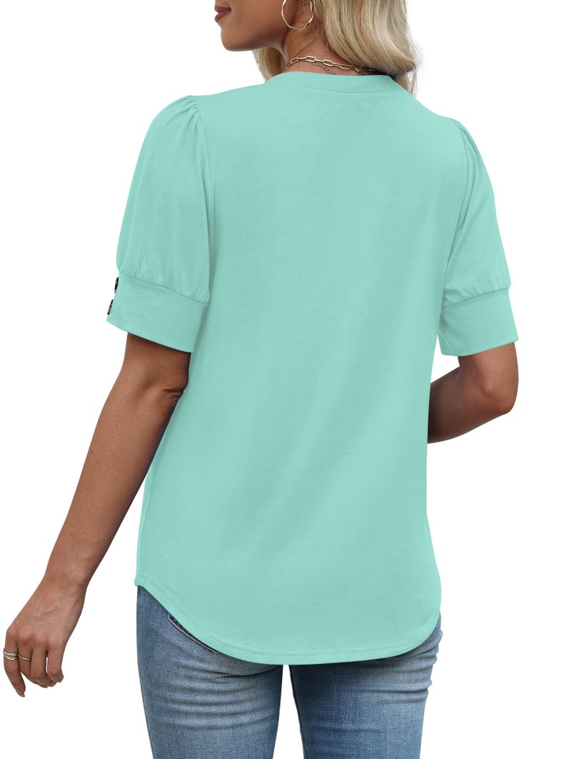 OFEEFAN Plus Size Tops for Women Summer Fashion Clothing Short Sleeve Shirts Going Out Trendy Button Cuffs Business Casual Outfits Aqua 2XL - Image 5