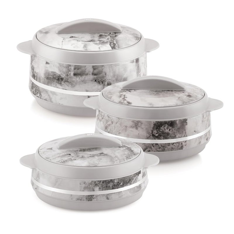 Liza طقم هدايا LIZA Palazio 3PC مع قدر دائري بتشطيب رخام مع داخلية من الفولاذ المقاوم للصدأ | معزول PU | خالي من BPA | مقاوم للروائح | درجة غذائية | مثالي للطعام الساخن والبارد (1200 مل + 1600 مل + 2000 مل) (أبيض) - Image 1