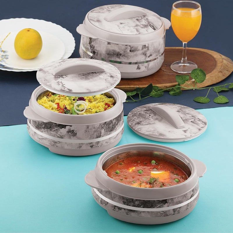 Liza طقم هدايا LIZA Palazio 3PC مع قدر دائري بتشطيب رخام مع داخلية من الفولاذ المقاوم للصدأ | معزول PU | خالي من BPA | مقاوم للروائح | درجة غذائية | مثالي للطعام الساخن والبارد (1200 مل + 1600 مل + 2000 مل) (أبيض) - Image 2