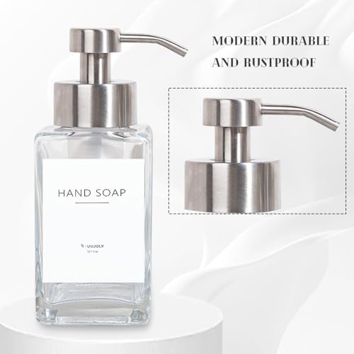 UUJOLY Foaming Soap Dispenser with Stainless Steel Pump, 12oz Refillable Glass Liquid Dish Soap Bottles for Bathroom, Kitchen Sink, Home Decor - Image 4