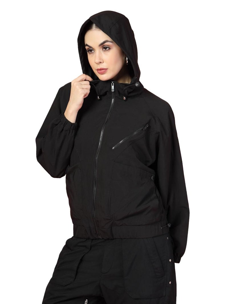 CHKOKKO Womens Stylish Oversized Windcheater Jacket with Zip Closure Lightweight Sportswear for Running Travel Hiking Outdoor and Rainy Season Wear Black L - Image 1