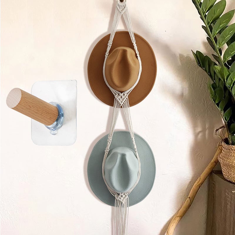 Business King Macrame Hat Hangers for Wall with Adhensive Wooden Hook, Handmade Decorative Boho Hat Organizer Bohemian Macrame Cap Holder Set for Display for Beach Hat Sun Hat for Wide Brim Caps (2 holes) - Image 1