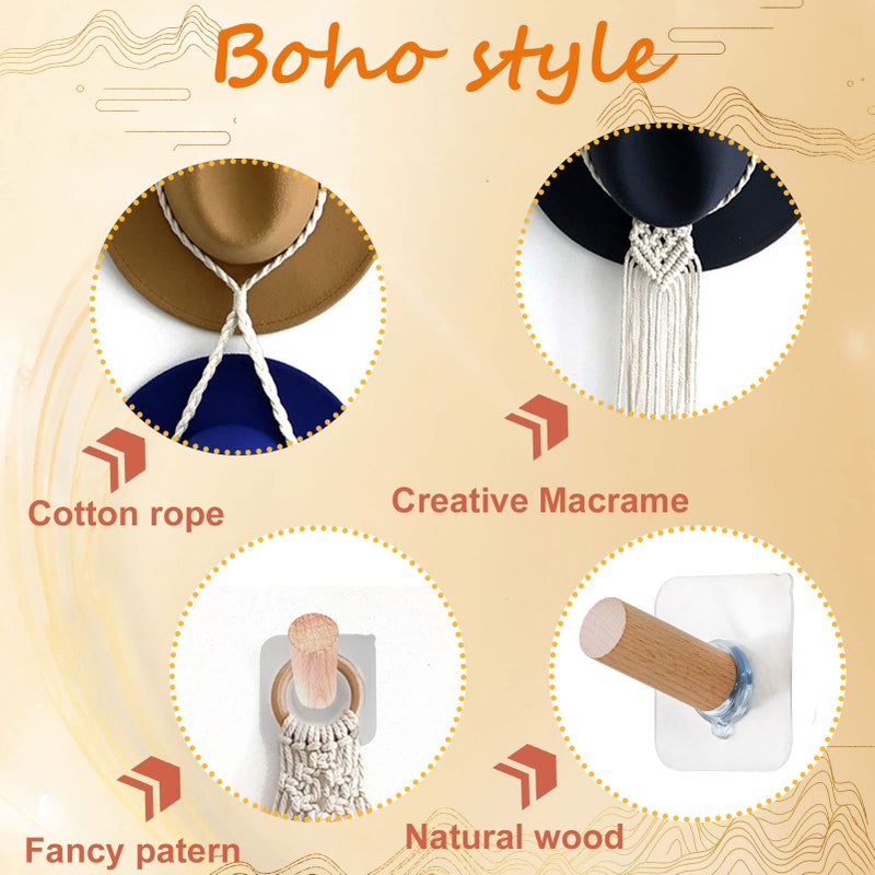 Business King Macrame Hat Hangers for Wall with Adhensive Wooden Hook, Handmade Decorative Boho Hat Organizer Bohemian Macrame Cap Holder Set for Display for Beach Hat Sun Hat for Wide Brim Caps (2 holes) - Image 2