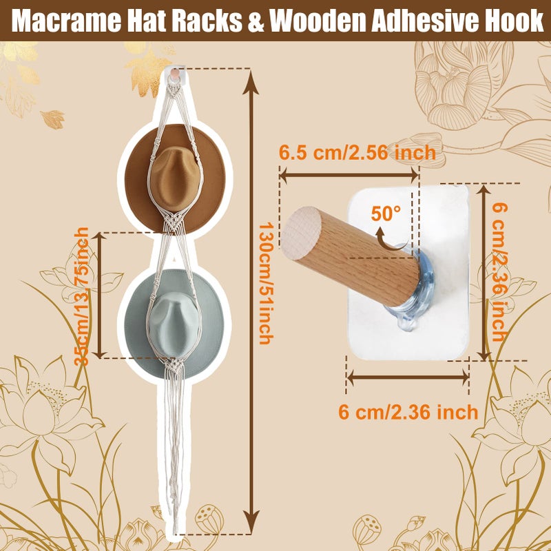 Business King Macrame Hat Hangers for Wall with Adhensive Wooden Hook, Handmade Decorative Boho Hat Organizer Bohemian Macrame Cap Holder Set for Display for Beach Hat Sun Hat for Wide Brim Caps (2 holes) - Image 3