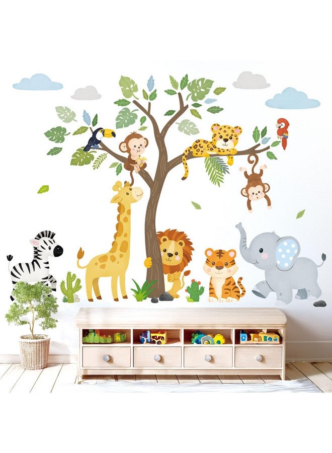 DECOWALL SG2-2418 Safari Animals and Tree Wall Stickers Decals Elephant Giraffe Lion Baby Nursery Kids Bedroom Living Room Décor Daycare Boy Girl Playroom Peel and Stick Art - Image 1