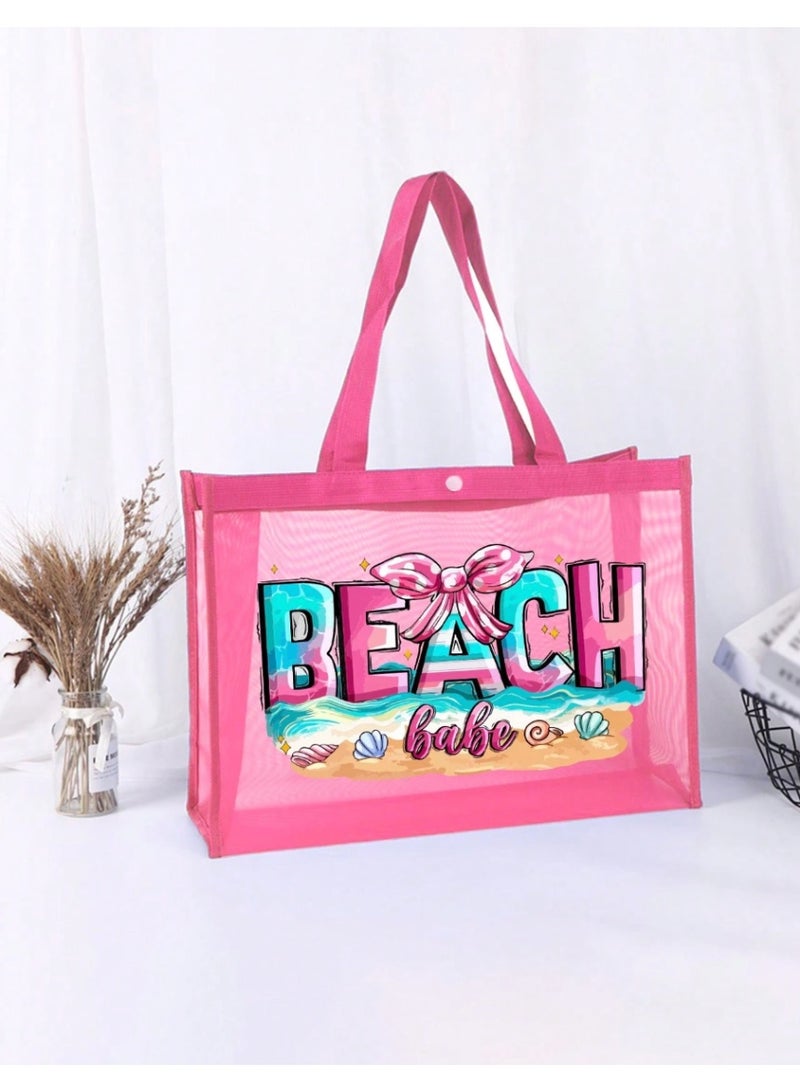 Shein Large Capacity Mesh Bag Set, Beach Pattern Printed Mesh Bag, Mesh Beach Tote Bag, Mesh Cosmetic Storage Bag, Foldable Large Capacity Waterproof Beach Bag, Letter Decor Mesh Beach Bag, Summer - Image 2