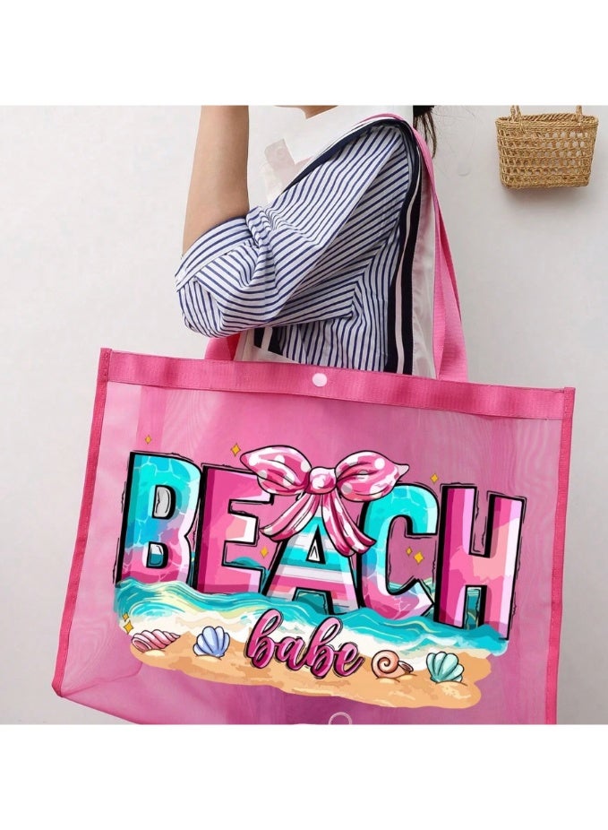 Shein Large Capacity Mesh Bag Set, Beach Pattern Printed Mesh Bag, Mesh Beach Tote Bag, Mesh Cosmetic Storage Bag, Foldable Large Capacity Waterproof Beach Bag, Letter Decor Mesh Beach Bag, Summer - Image 1