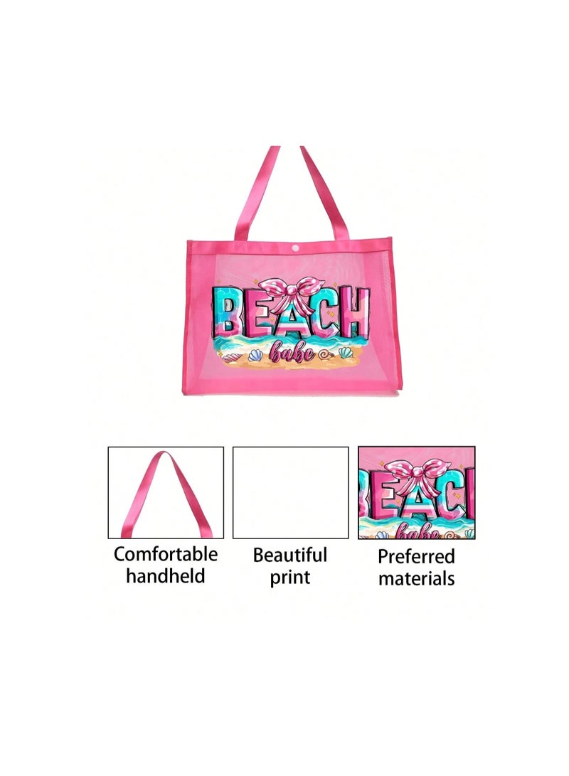 Shein Large Capacity Mesh Bag Set, Beach Pattern Printed Mesh Bag, Mesh Beach Tote Bag, Mesh Cosmetic Storage Bag, Foldable Large Capacity Waterproof Beach Bag, Letter Decor Mesh Beach Bag, Summer - Image 4