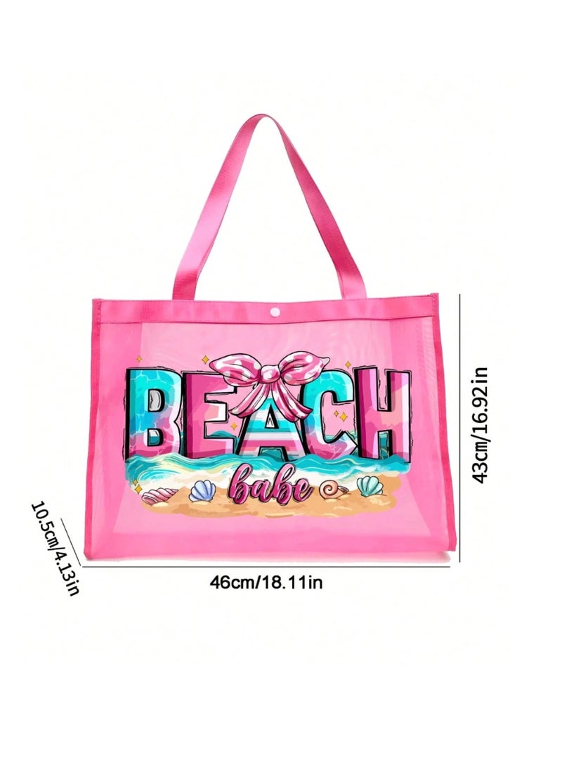 Shein Large Capacity Mesh Bag Set, Beach Pattern Printed Mesh Bag, Mesh Beach Tote Bag, Mesh Cosmetic Storage Bag, Foldable Large Capacity Waterproof Beach Bag, Letter Decor Mesh Beach Bag, Summer - Image 3