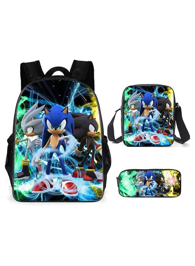سونيك حقيبة ظهر سونيك الابتدائية للمدرسة، حقيبة ظهر كرتونية أنمي، حقيبة أقلام رصاص، مجموعة من ثلاث قطع 29*16*42 سم