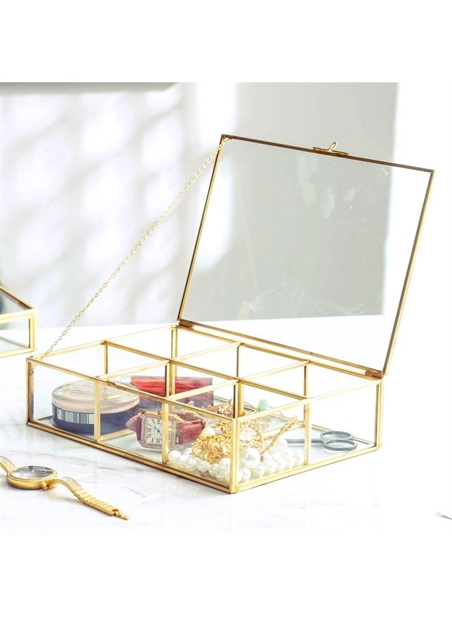 Golden Vintage Glass Box Clear Glass & Brass Metal Storage Jewelry and Cosmetic Makeup Lipstick Holder Organizer Beauty Display, 6 Compartment