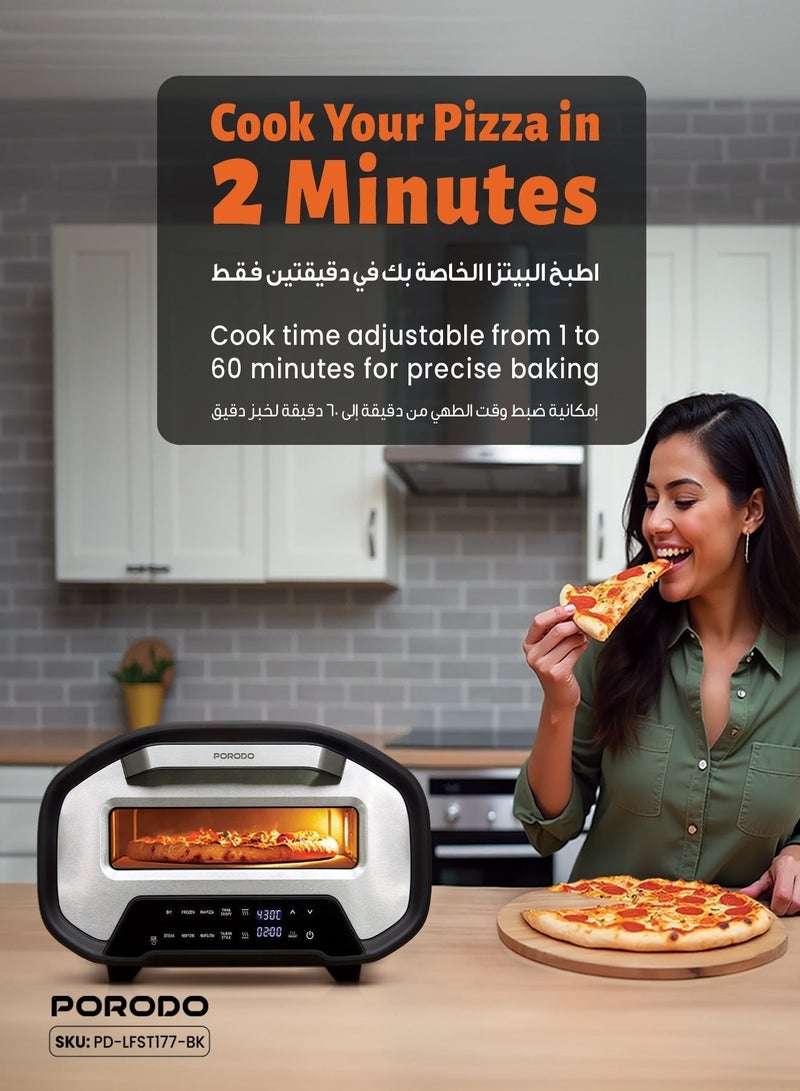 porodo Pizza Oven Indoor, 12 Inch Electric Pizza Maker With Timer and 7 Presets, 220V 2200W, 80°-430°C Adjustable Temperature with 12" Included Stone, for Home Kitchen, Restaurants, Parties - Image 3