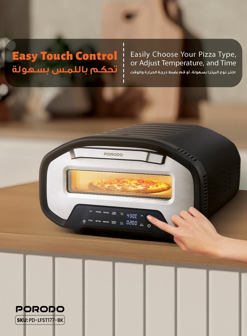 porodo Pizza Oven Indoor, 12 Inch Electric Pizza Maker With Timer and 7 Presets, 220V 2200W, 80°-430°C Adjustable Temperature with 12" Included Stone, for Home Kitchen, Restaurants, Parties - Image 4
