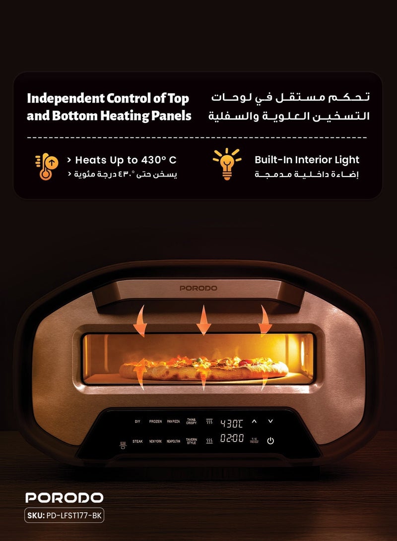 porodo Pizza Oven Indoor, 12 Inch Electric Pizza Maker With Timer and 7 Presets, 220V 2200W, 80°-430°C Adjustable Temperature with 12" Included Stone, for Home Kitchen, Restaurants, Parties - Image 5
