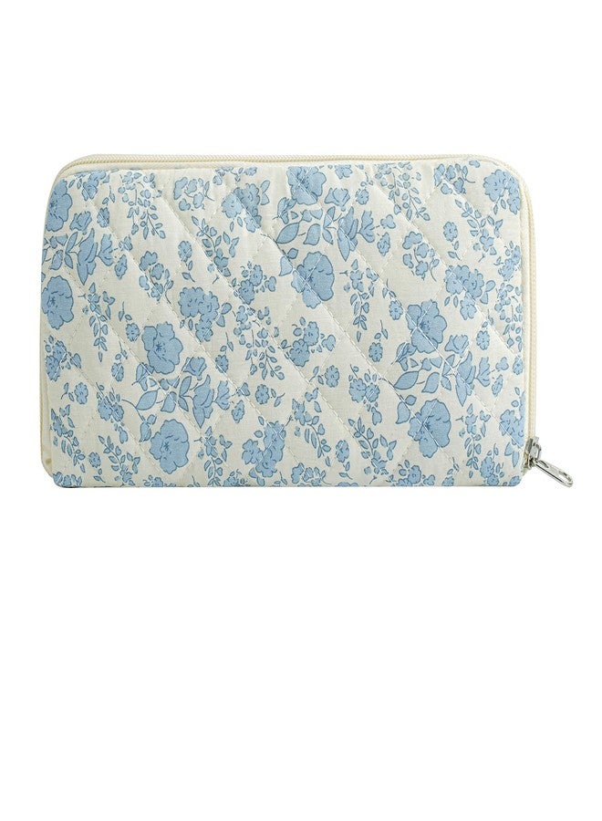 JOVAKIT Quilted Makeup Brush Holder Travel Cosmetic Bag for Women, Floral Coquette Cotton Makeup Brush Case Toiletry Zipper Make Up Pouch, Travel Storage Organizer Pouch (Blue Floral) - Image 1